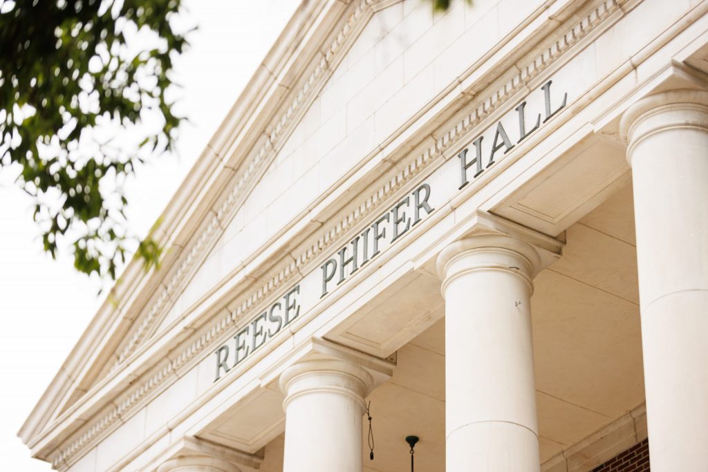 A closeup of the front of Reese Phifer Hall at The University of Alabama