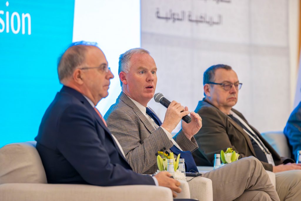 Dr. Andrew Billings speaks at the International Sport Media and Journalism Seminar in Riyadh, Saudi Arabia.