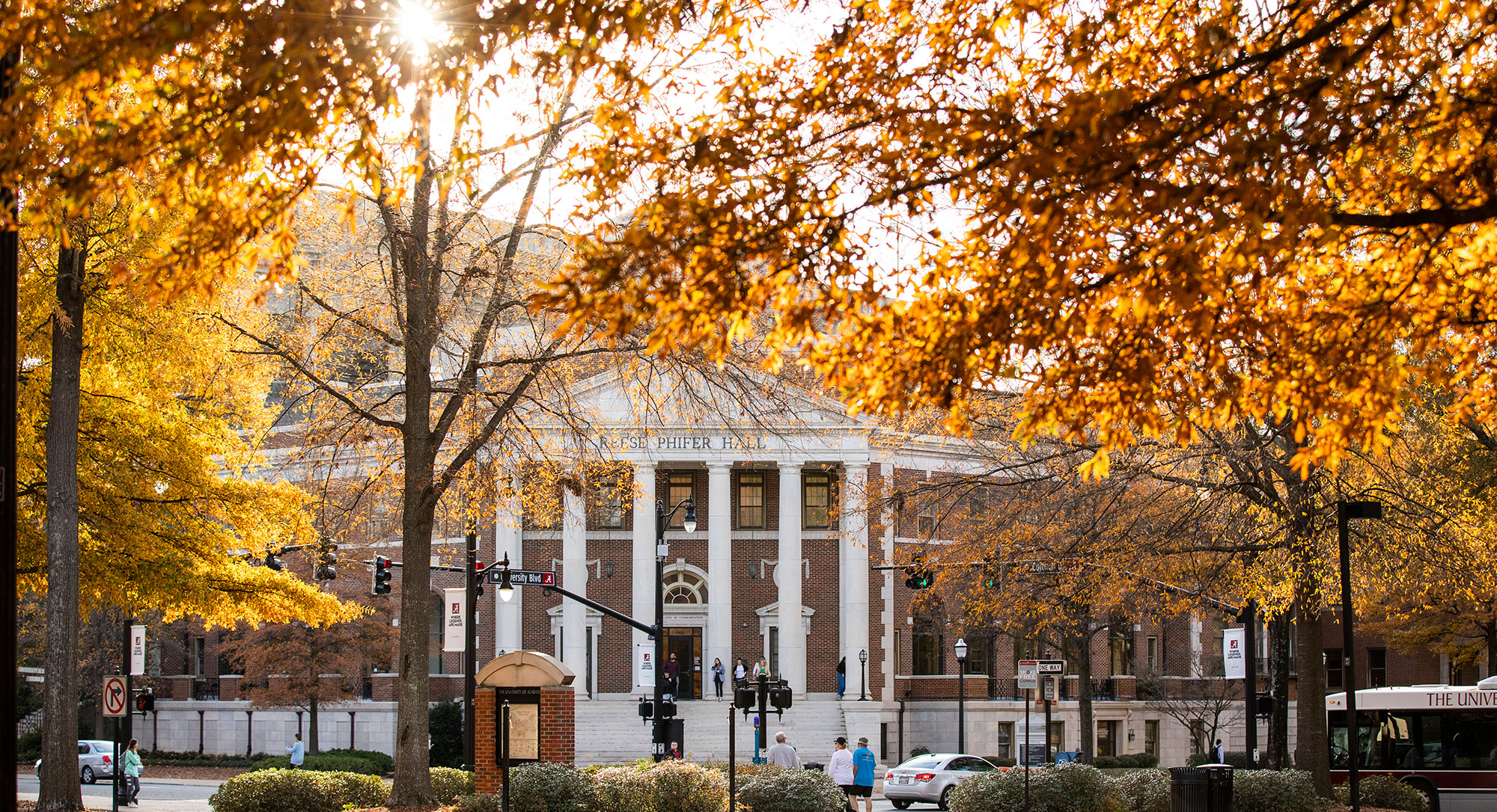 Reese Phifer Building Surrounded by fall colored leaves.